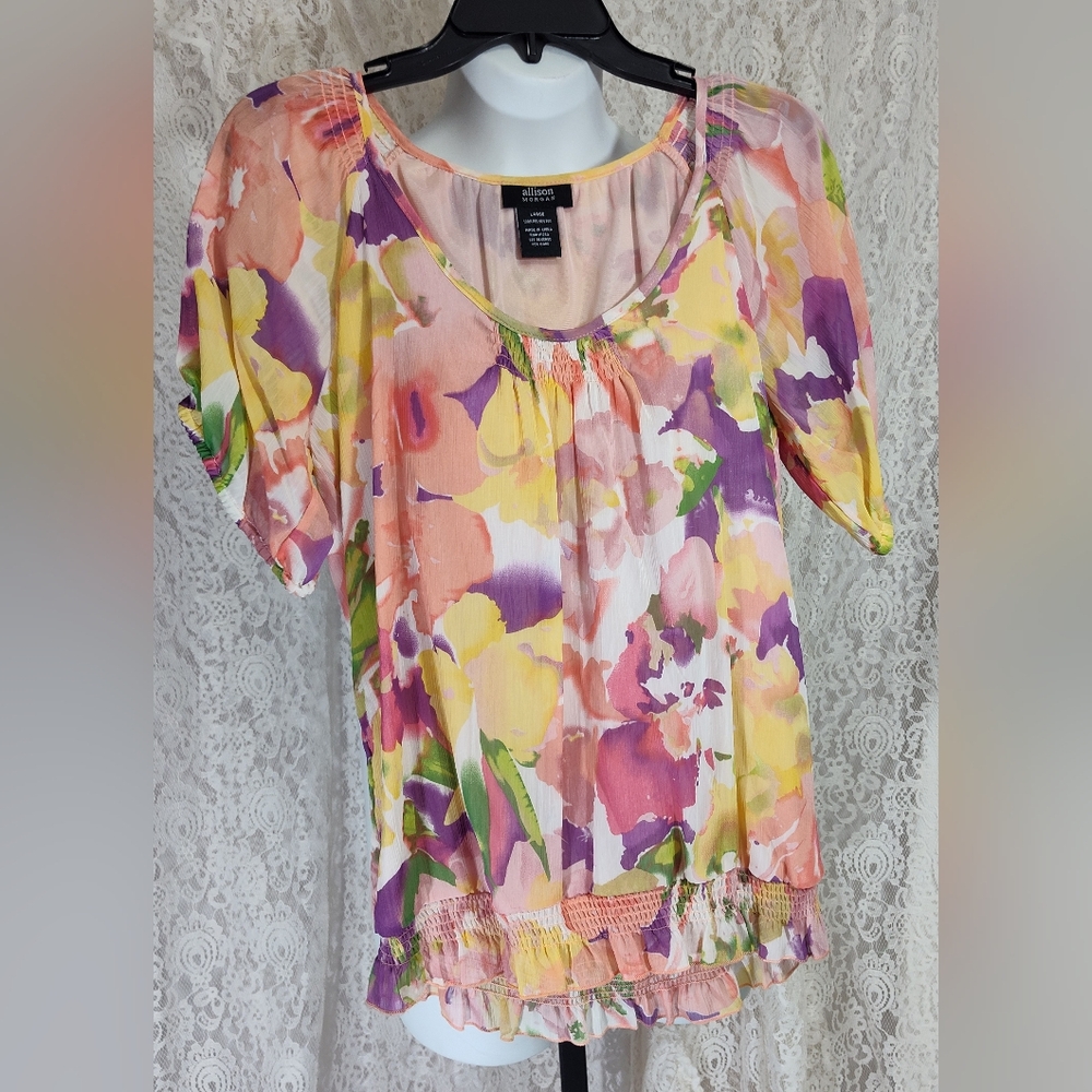 Allison Morgan Sexy Summer Pink Yellow Purple Floral Print Blouse NWOT